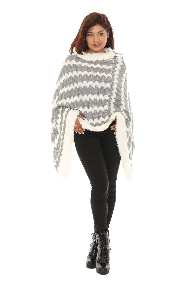 Zigzag Faux Fur-Trim Cowl Neck Poncho - Shoreline Wear, Inc.