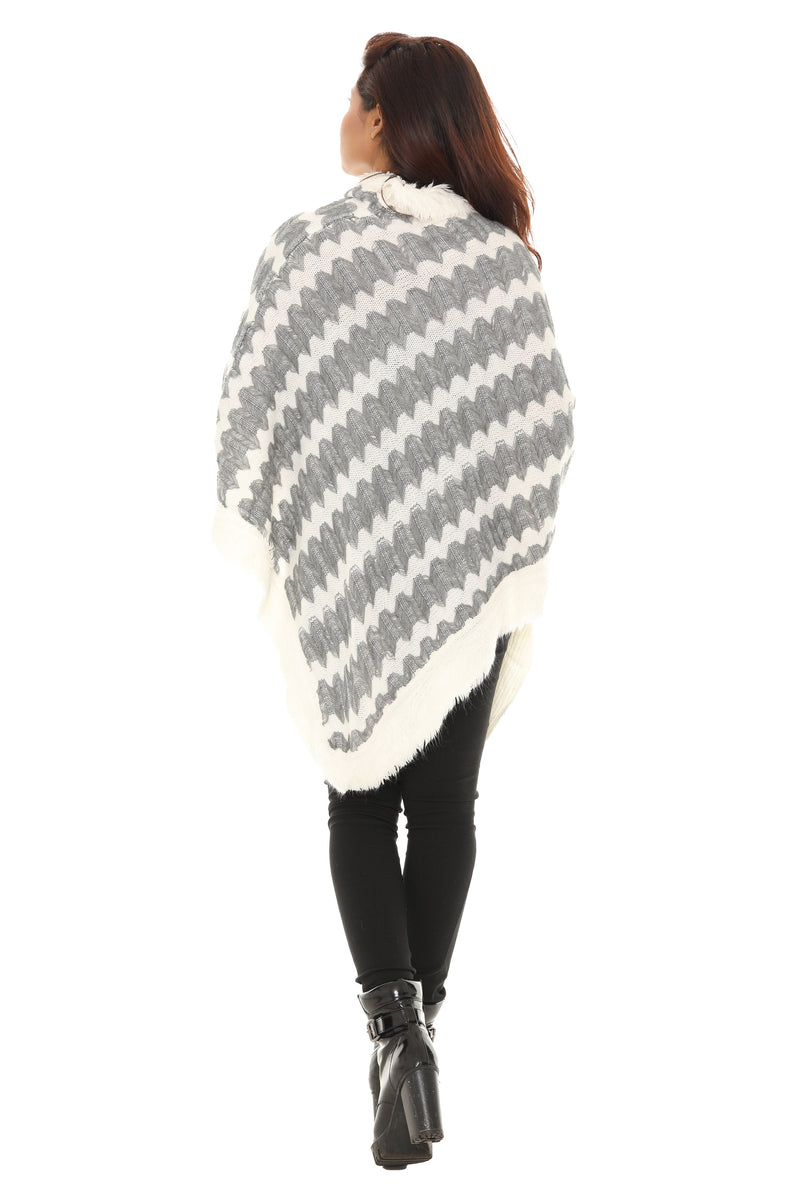 Zigzag Faux Fur-Trim Cowl Neck Poncho - Shoreline Wear, Inc.