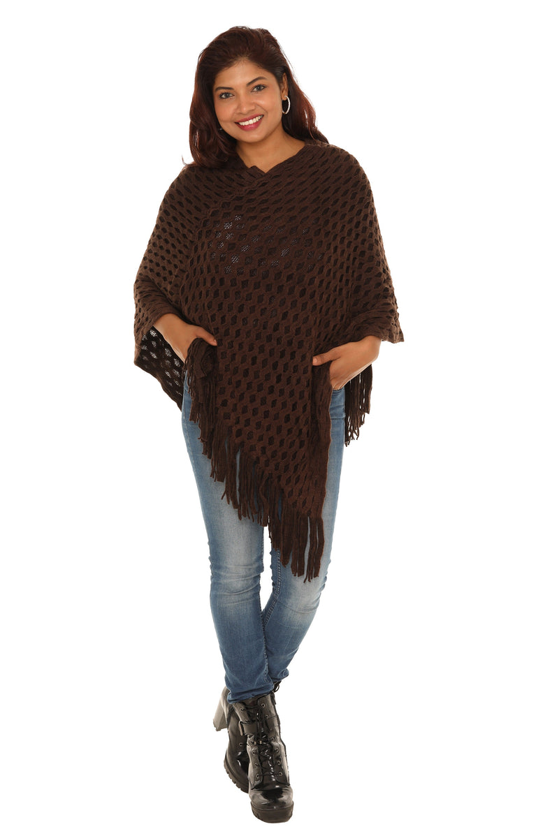 Waffle Knit Fringed V-Neck Poncho - Shoreline Wear, Inc.