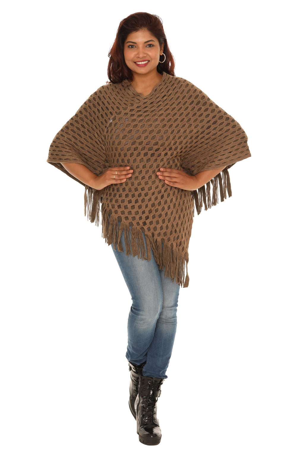 Waffle Knit Fringed V-Neck Poncho - Shoreline Wear, Inc.