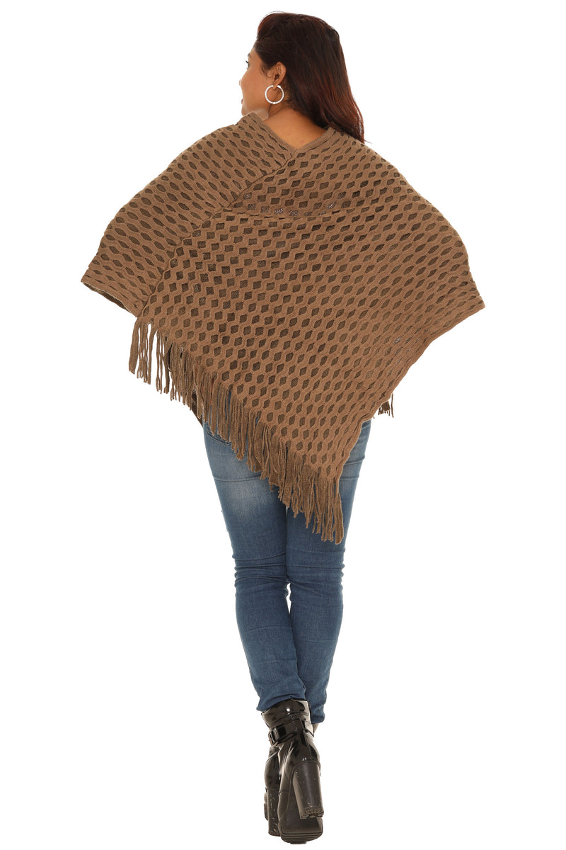 Waffle Knit Fringed V-Neck Poncho - Shoreline Wear, Inc.