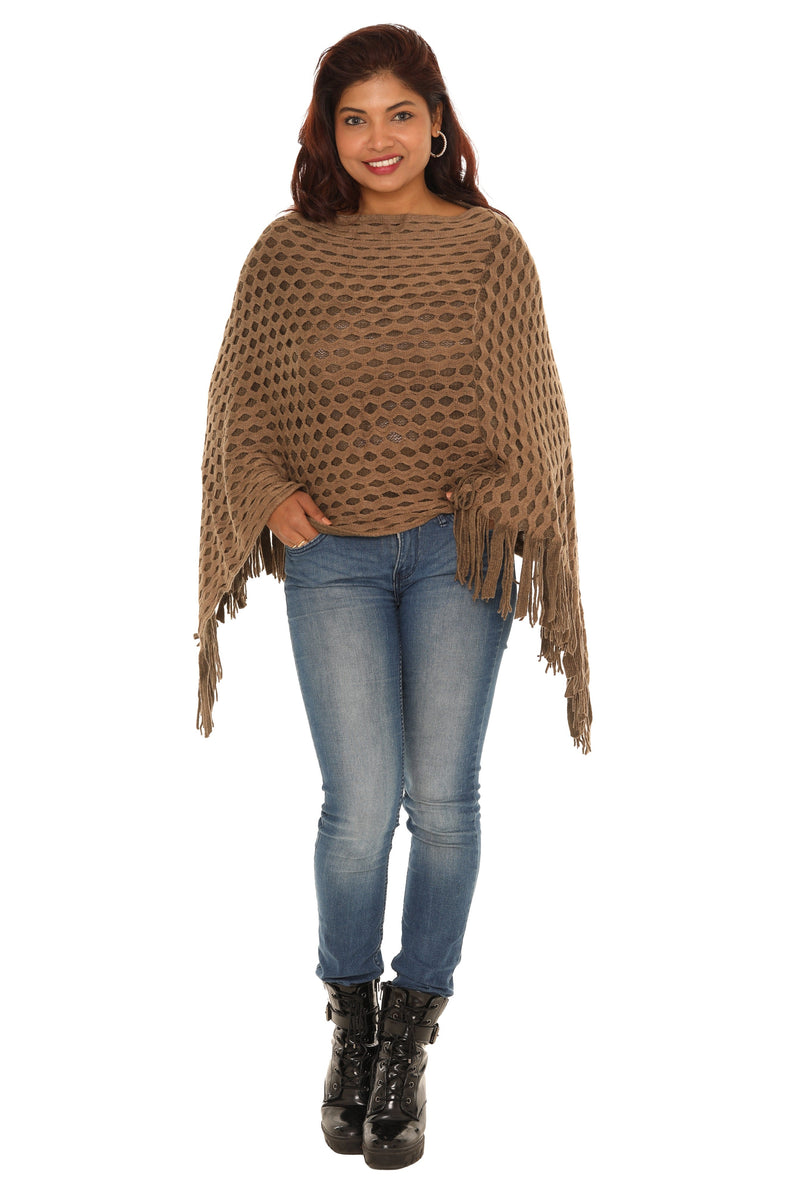 Waffle Knit Fringed V-Neck Poncho - Shoreline Wear, Inc.