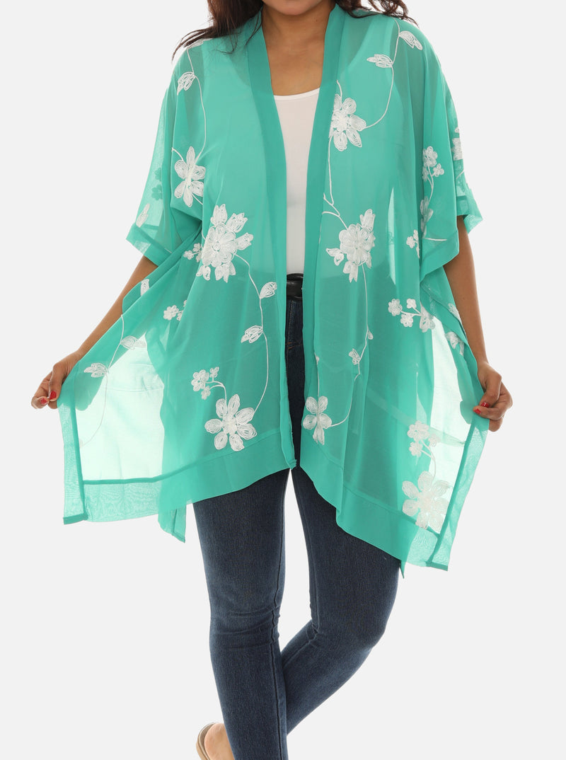Sheer Floral Embroidered Open Cardigan