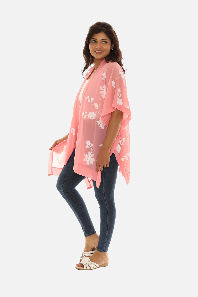 Sheer Floral Embroidered Open Cardigan