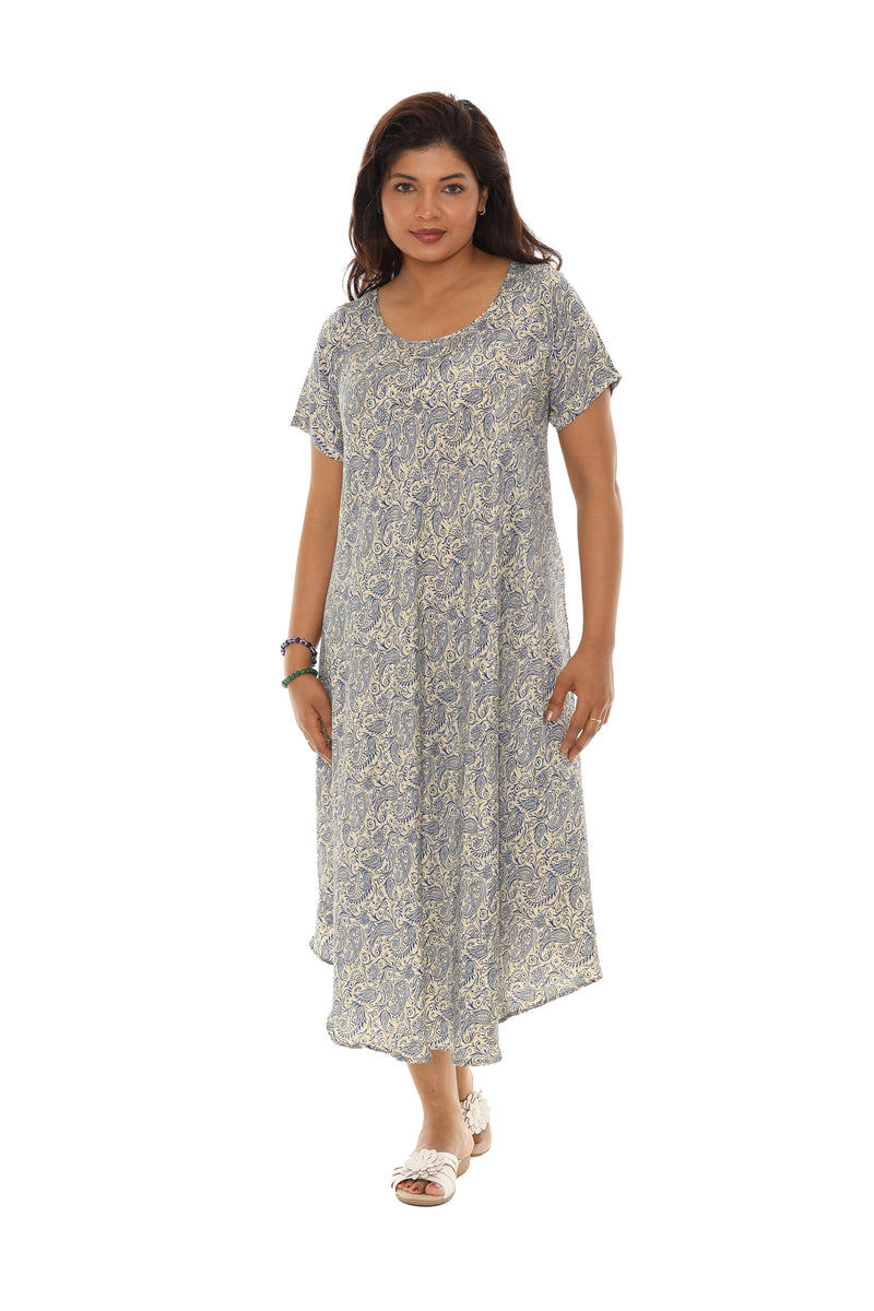 Short Sleeve Printed Umbrella Dress with Floral Brocade Pattern