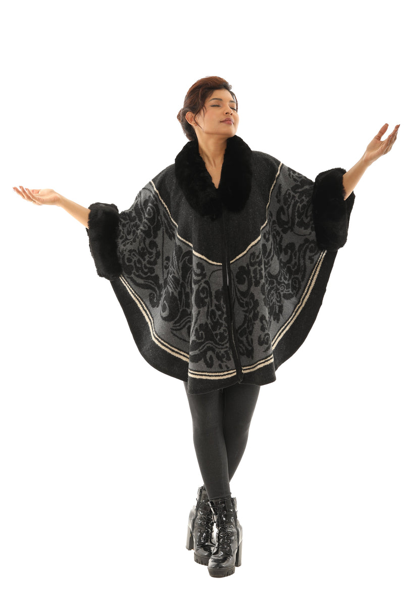 Floral Faux Fur-Trim Poncho - Shoreline Wear, Inc.