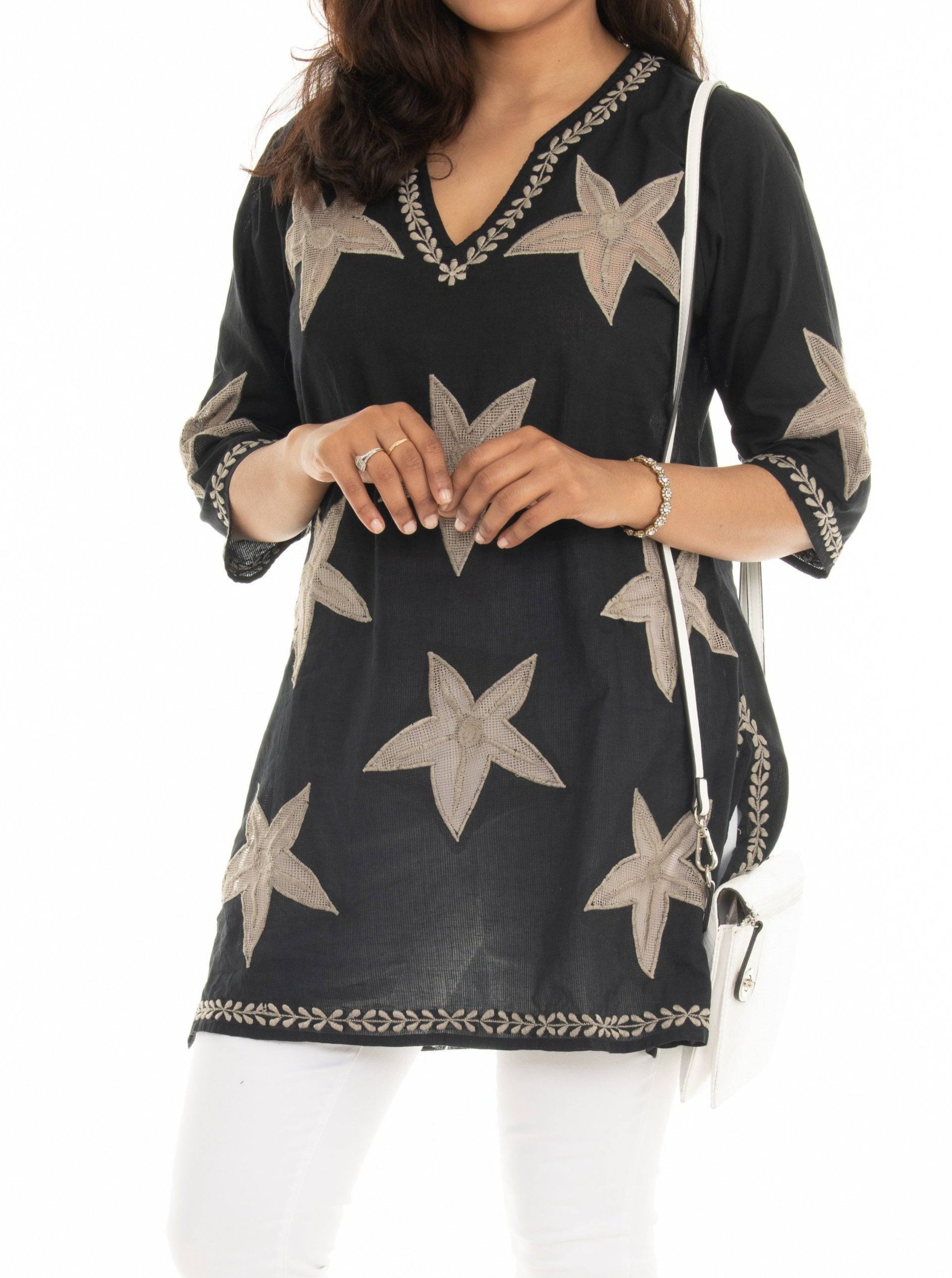 Sheer-Embroidery-Detailing V-Neck Tunic - Shoreline Wear, Inc.
