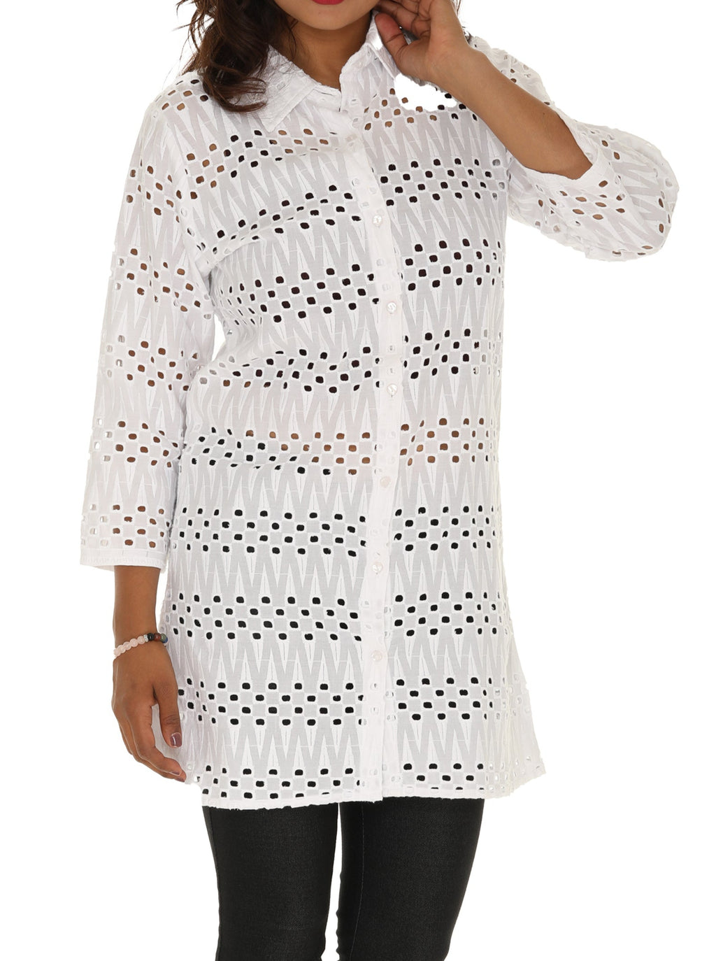 White Eyelet Fabric Button-up Shirt - Shoreline Wear, Inc.