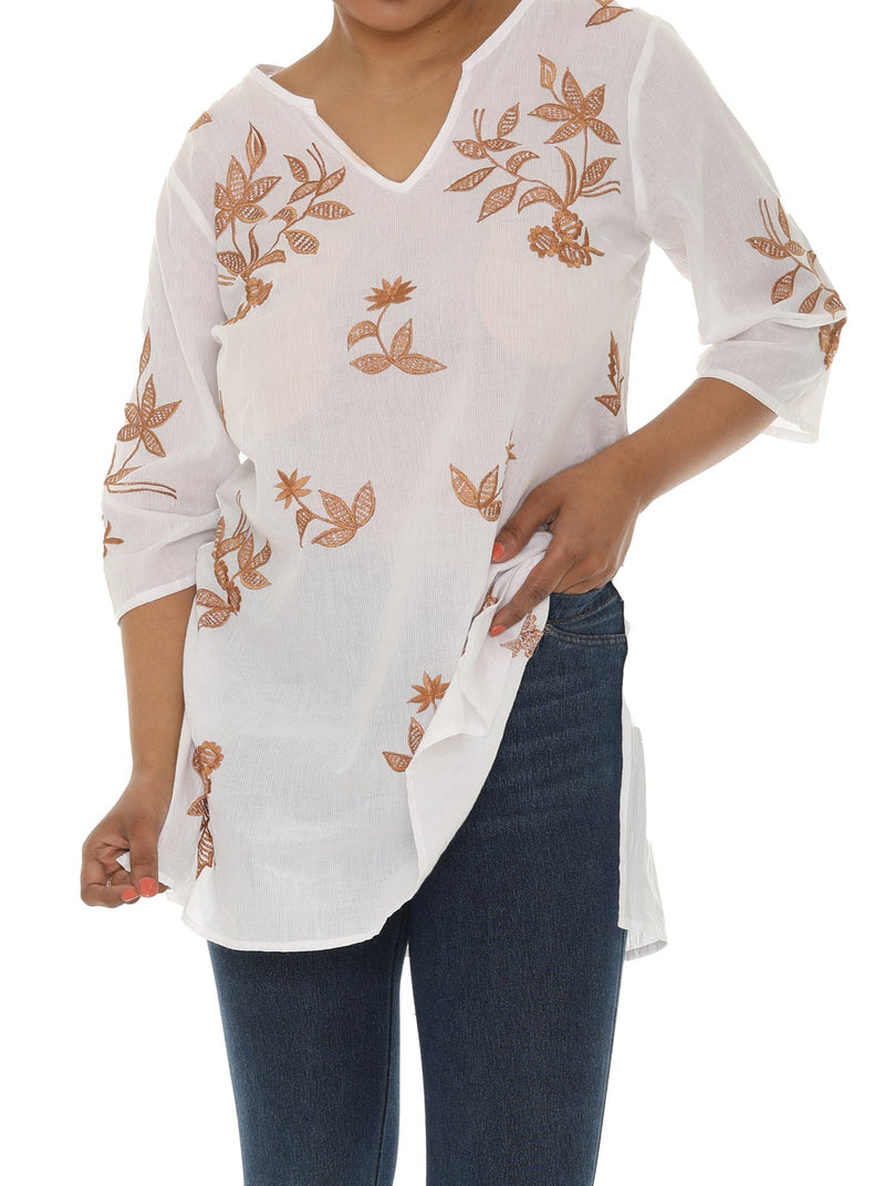 White & Beige Floral V-Neck Tunic - Shoreline Wear, Inc.