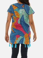 Tropical Print V-Neck Short Sleeves Tunic With Tassels