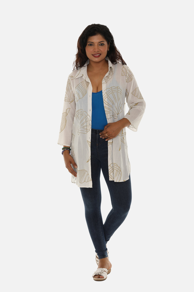 White Button-Down Shirt for Women With Golden Seashell