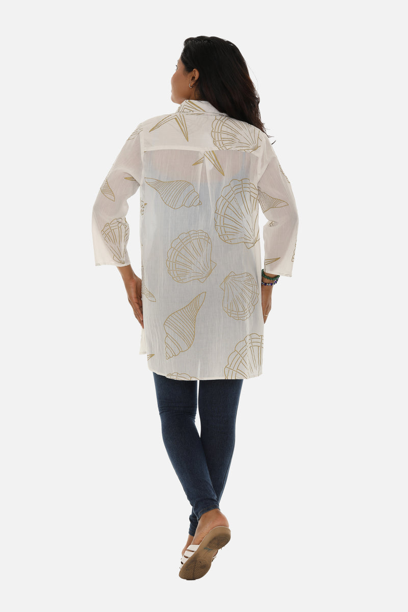 White Button-Down Shirt for Women With Golden Seashell