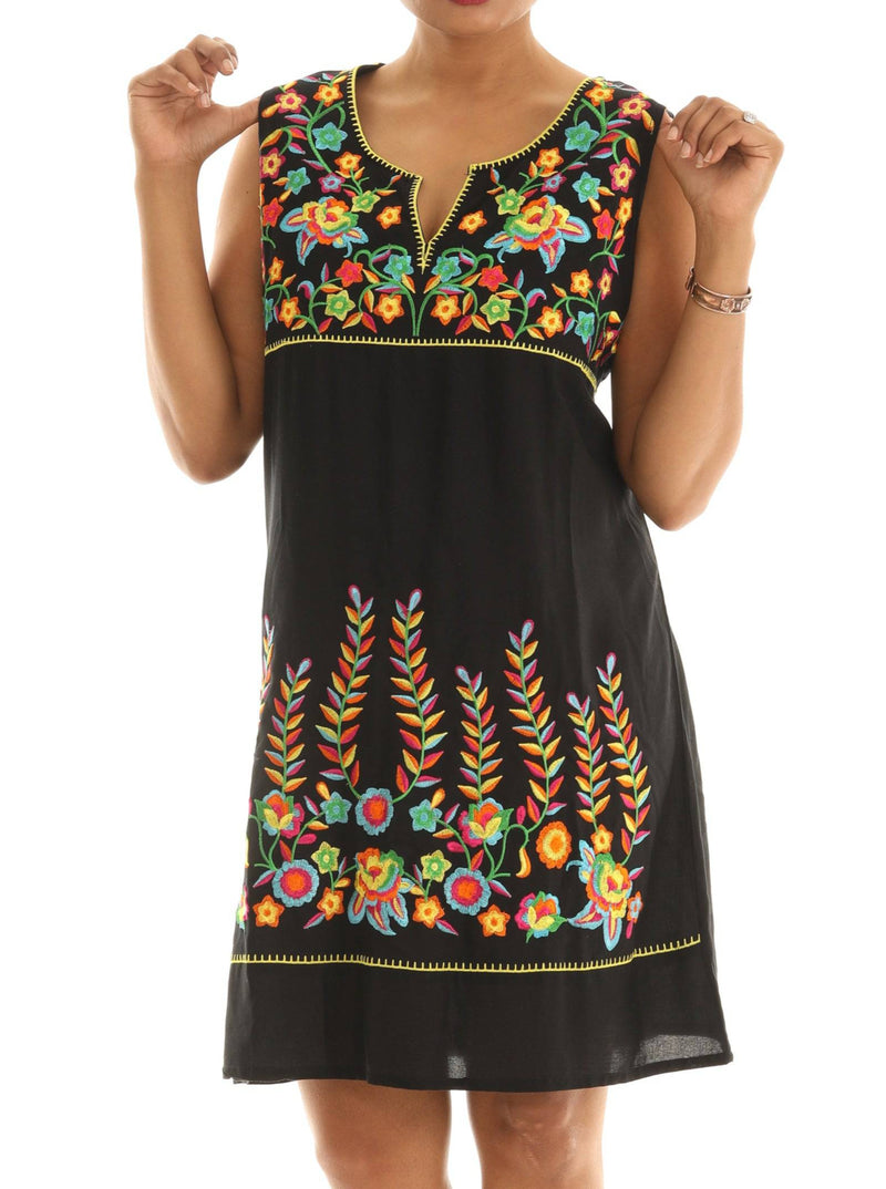 Floral Embroidered Notch Neck A-Line Dress - 3X / Black Floral Embroidered Notch Neck A-Line Dress - 3X / Black