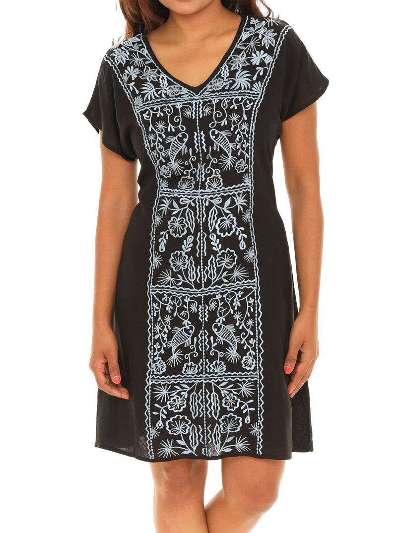Floral Embroidered Cap-Sleeve V-Neck A-Line Dress S / WHITE/BLUE Floral Embroidered Cap-Sleeve V-Neck A-Line Dress S / WHITE/BLUE