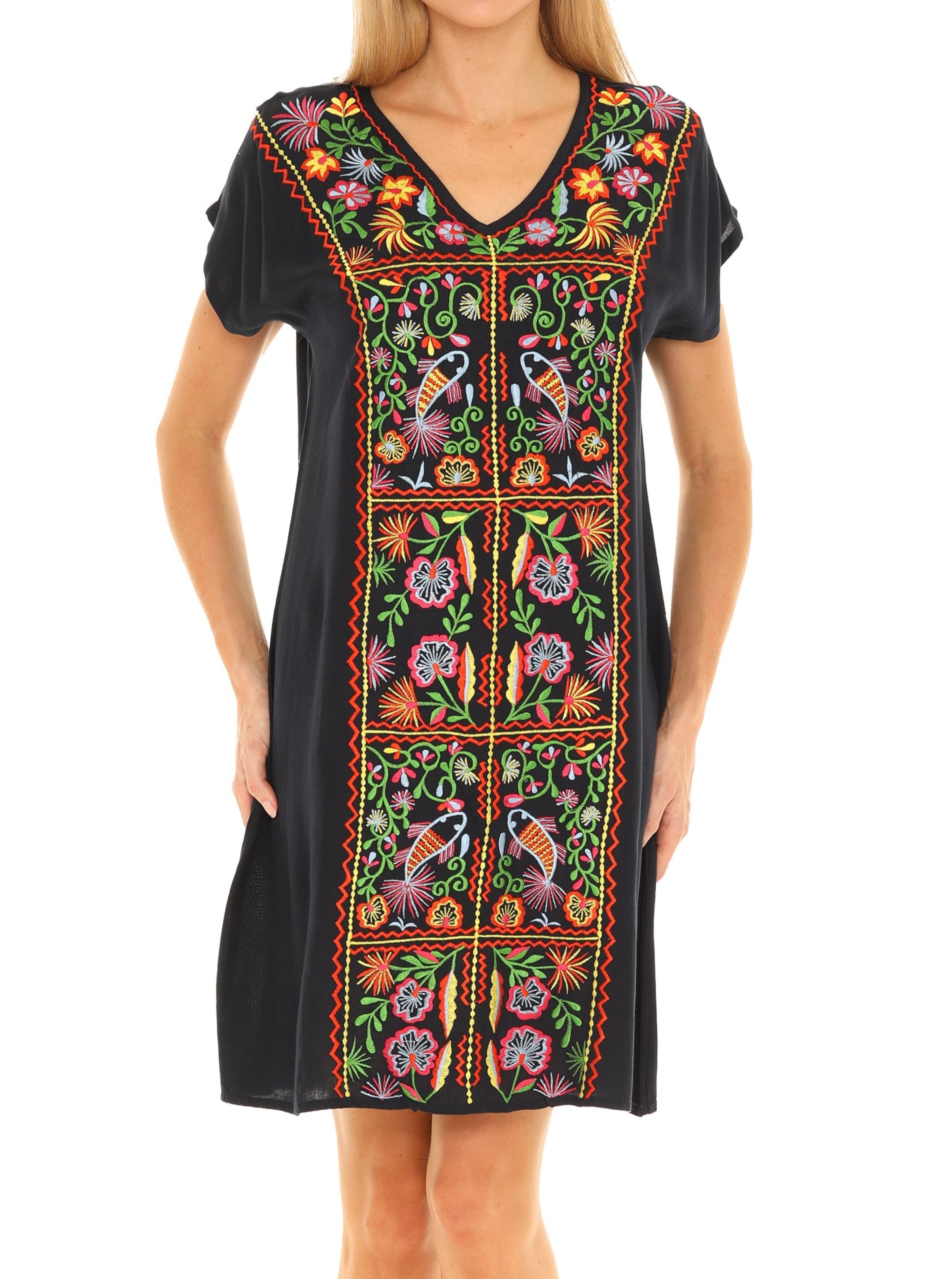 Floral Embroidered Cap-Sleeve V-Neck A-Line Dress S / WHITE/BLUE Floral Embroidered Cap-Sleeve V-Neck A-Line Dress S / WHITE/BLUE