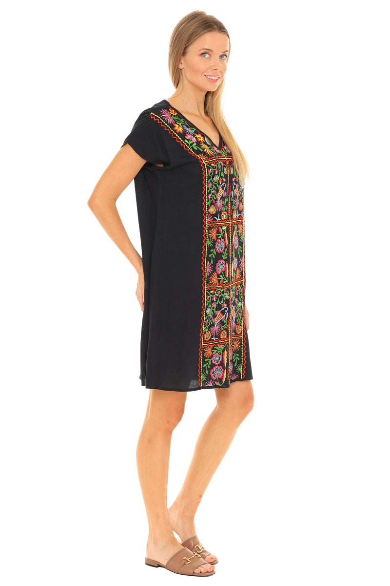 Floral Embroidered Cap-Sleeve V-Neck A-Line Dress S / WHITE/BLUE Floral Embroidered Cap-Sleeve V-Neck A-Line Dress S / WHITE/BLUE
