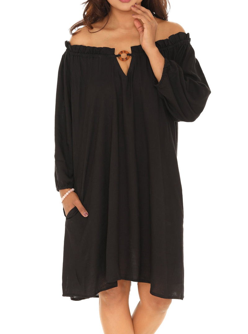 Rayon Keyhole Off-Shoulder Peasant Dress S / White Rayon Keyhole Off-Shoulder Peasant Dress S / White