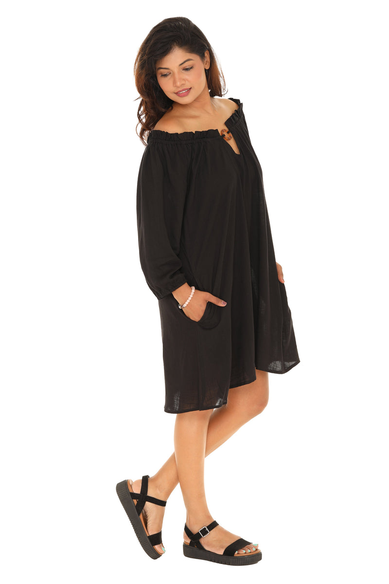 Rayon Keyhole Off-Shoulder Peasant Dress - Shoreline Wear, Inc.
