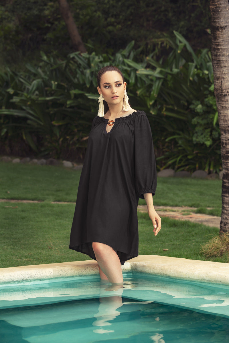 Rayon Keyhole Off-Shoulder Peasant Dress - Shoreline Wear, Inc. Rayon Keyhole Off-Shoulder Peasant Dress - Shoreline Wear, Inc.