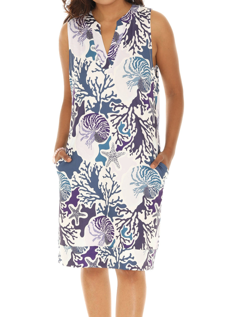 Blue Coral reef V-neck print (UPF) dress - Shoreline Wear, Inc.