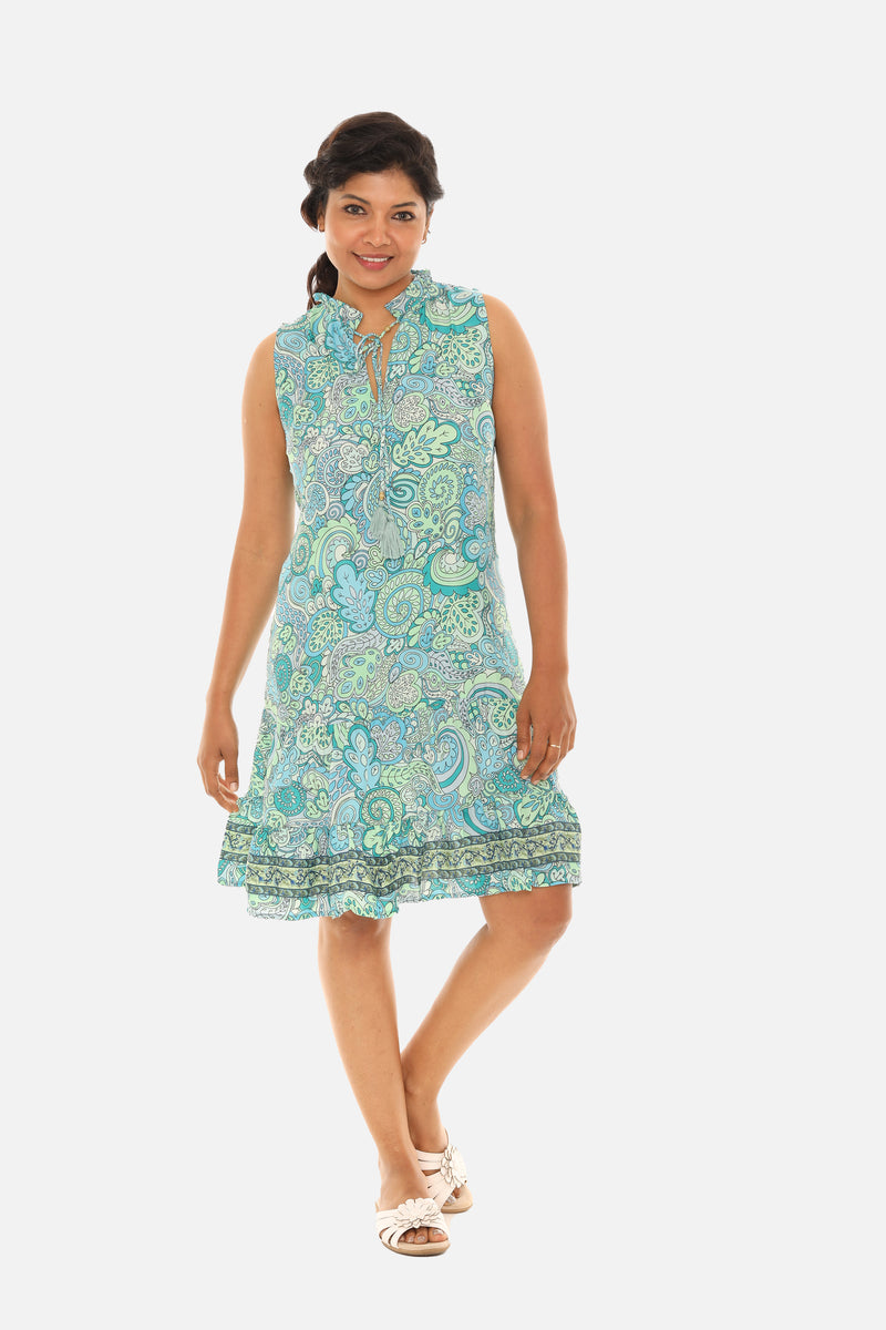 Mint & Blue Floral Lace-Up Notch Neck Sleeveless Midi Dress