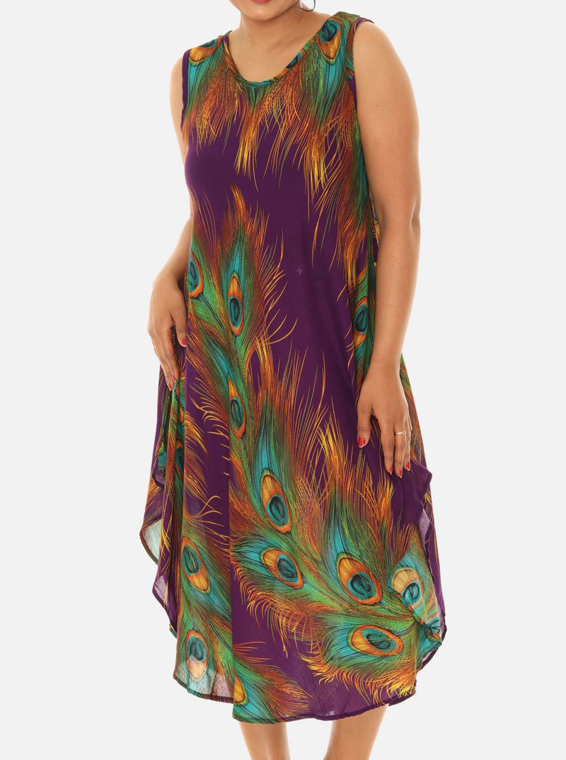 Cotton Sleeveless Dress with Eye-Catching Peacock Print